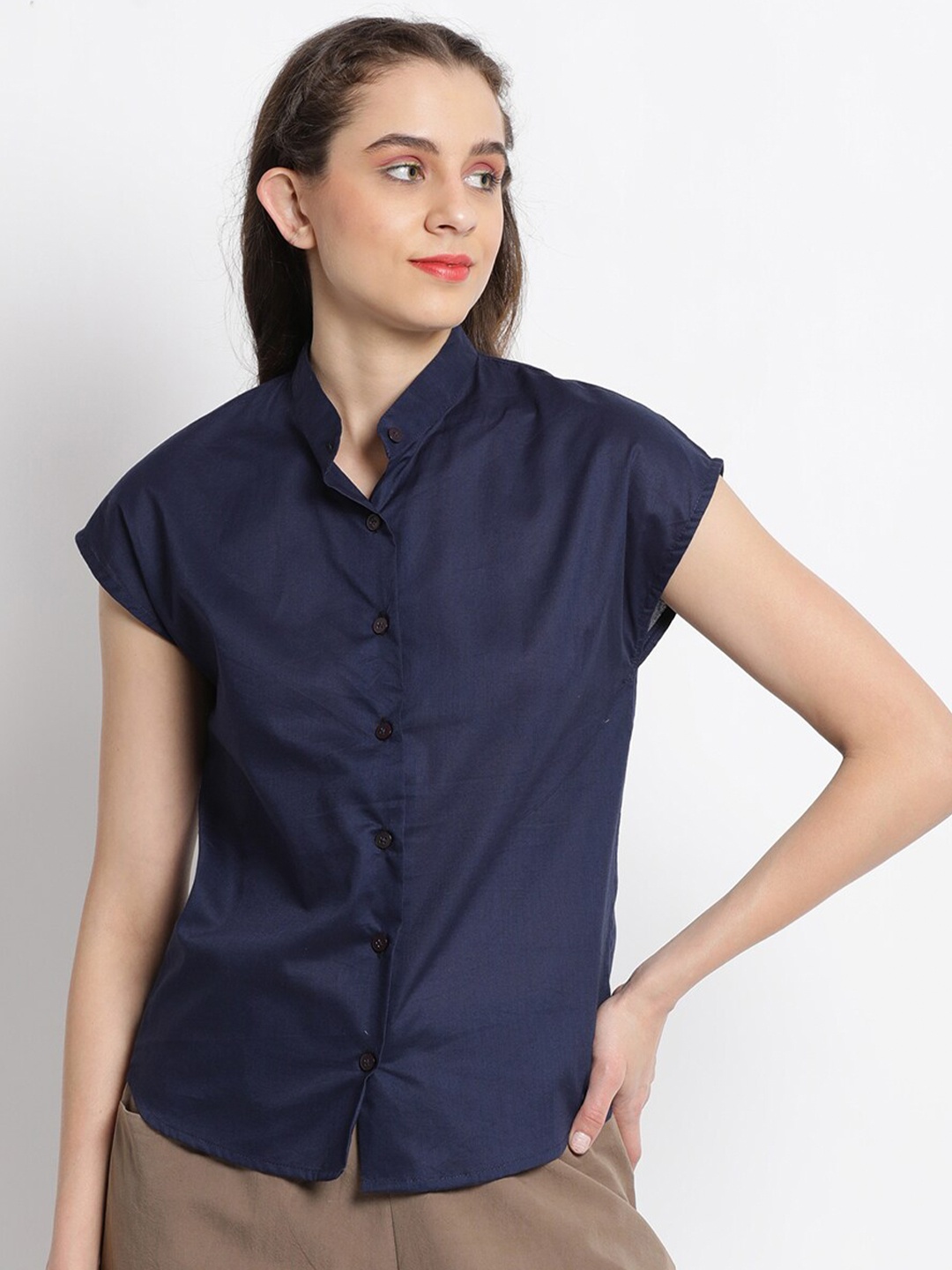 

GRASS by Gitika Goyal Extended Sleeves Shirt Style Cotton Top, Navy blue