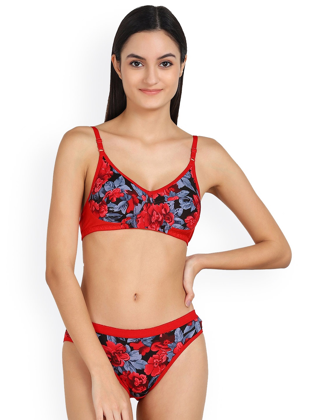 

AROUSY Floral Printed Non Padded Cotton Lingerie Set, Red