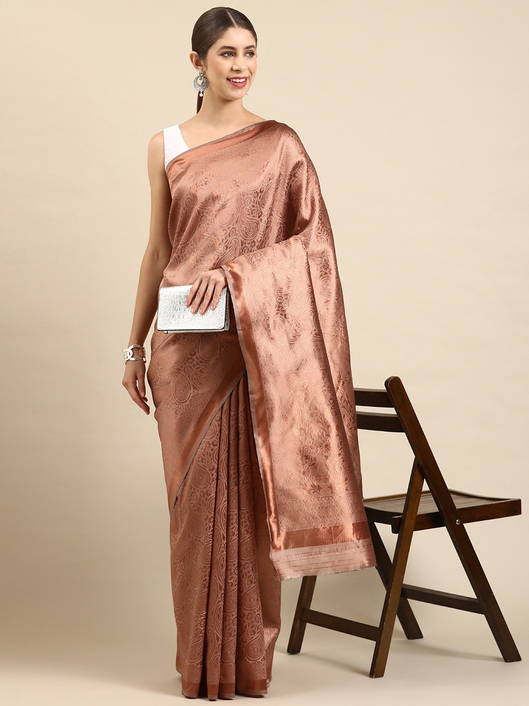 

Pothys Woven Design Jute Silk Saree, Copper