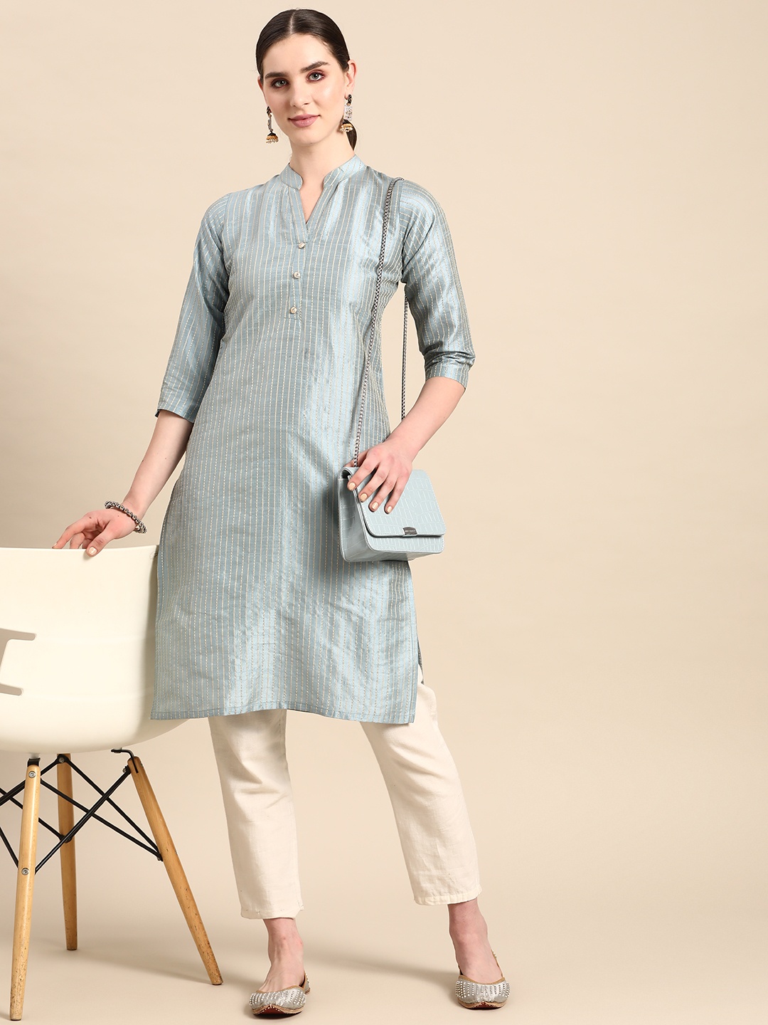 

Anouk Striped Embroidered Pastels Kurta, Grey