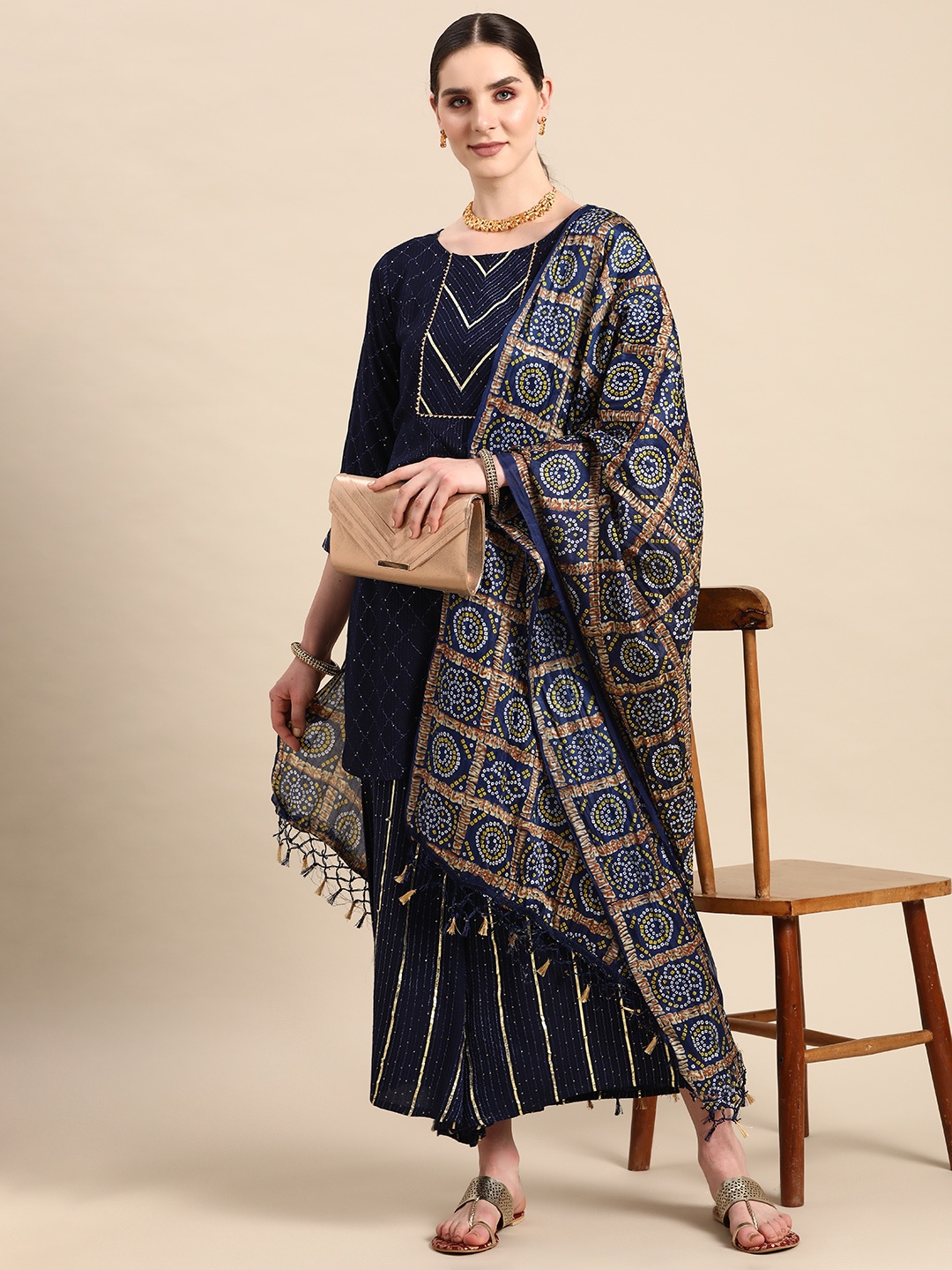 

Anouk Embroidered Gotta Patti Kurta With Palazzos & Dupatta, Navy blue