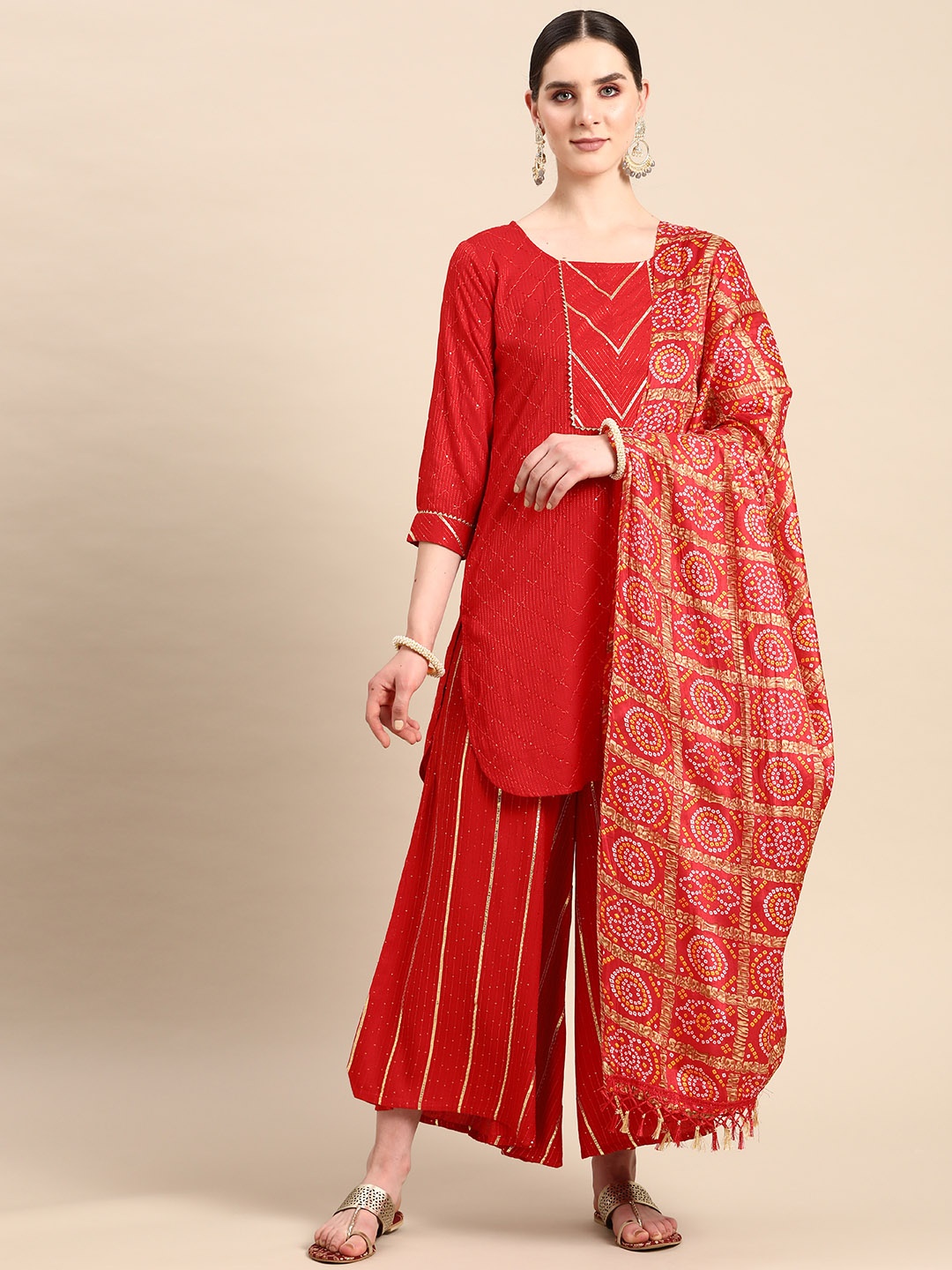 

Anouk Embroidered Gotta Patti Kurta With Palazzos & Dupatta, Red