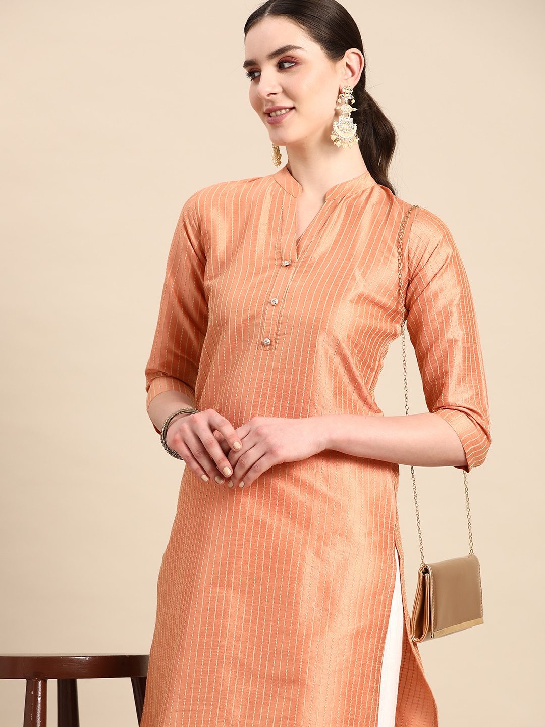 

Anouk Striped Embroidered Pastels Kurta, Orange