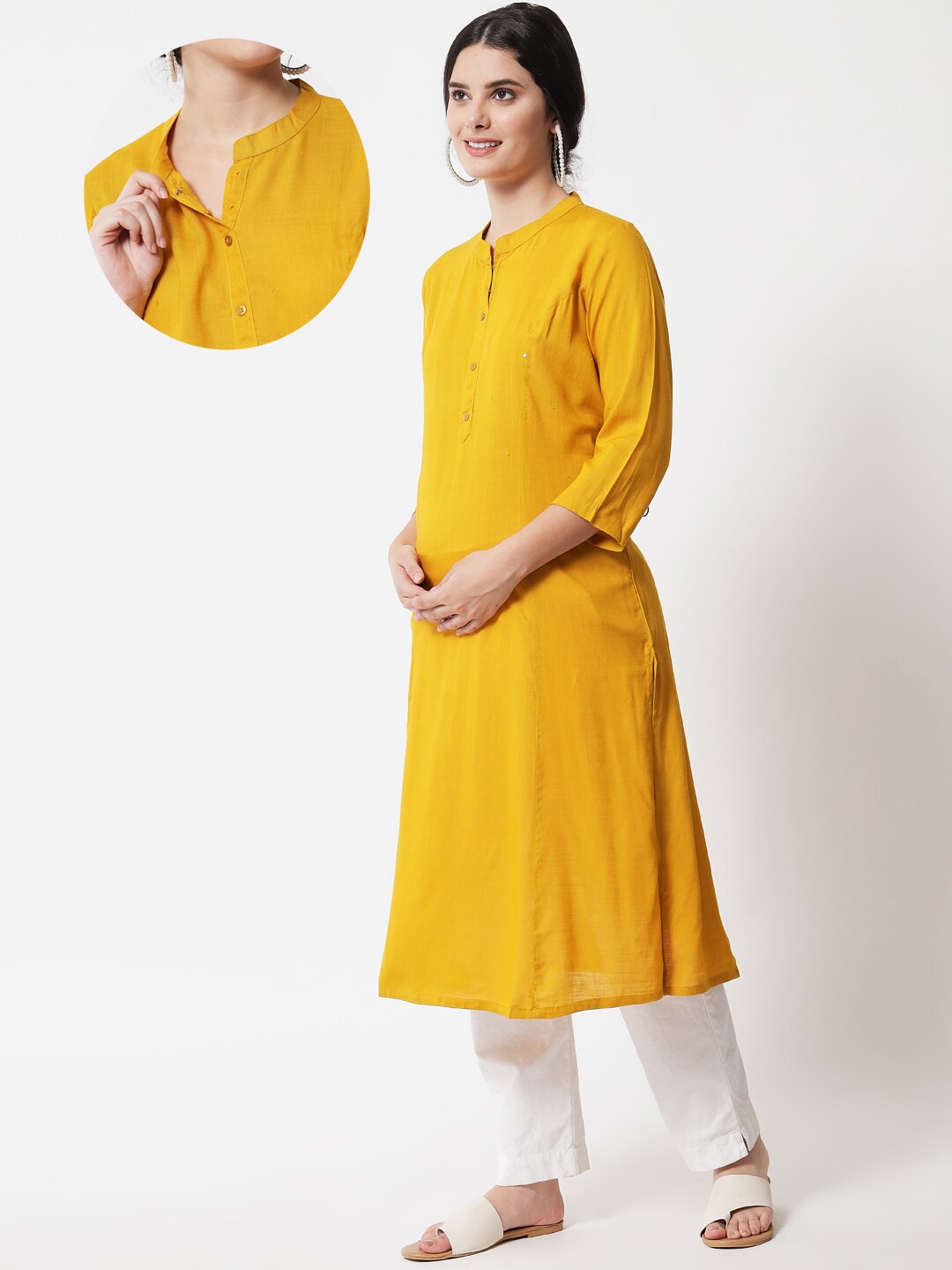 

Aujjessa Band Collar Panelled A-Line Maternity Kurta, Mustard