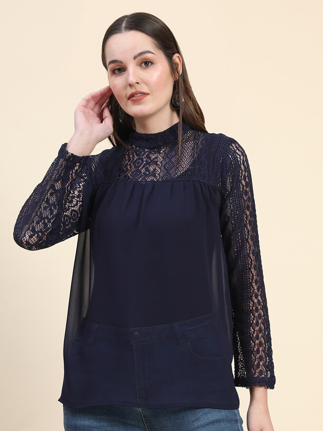 

Rediscover Fashion Georgette Schiffli Top, Navy blue