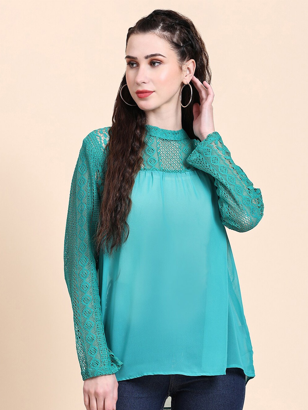 

Rediscover Fashion Georgette Schiffli Top, Green