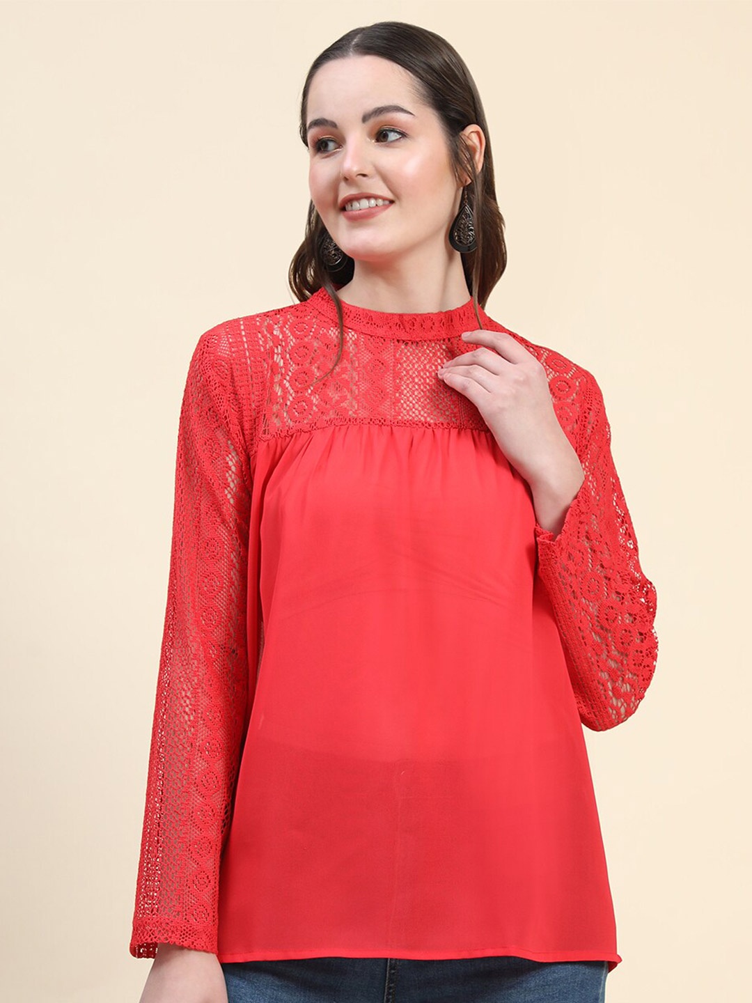 

Rediscover Fashion Lace -Up Georgette A-Line Top, Red