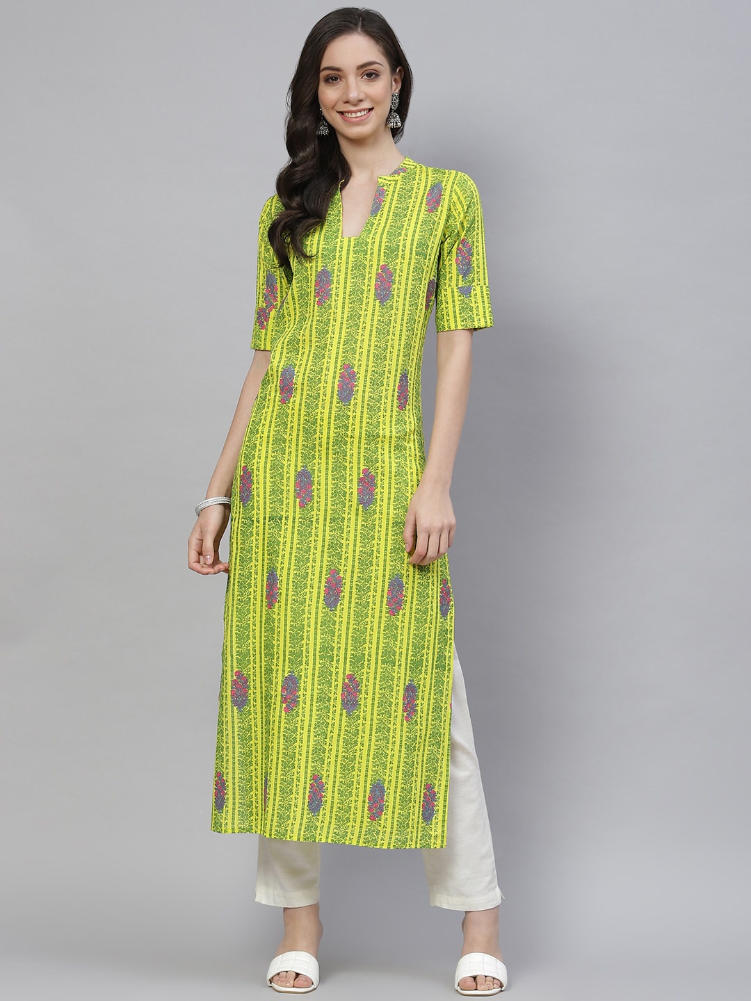 

mokshi Ethnic Motifs Printed Pure Cotton Kurta, Yellow