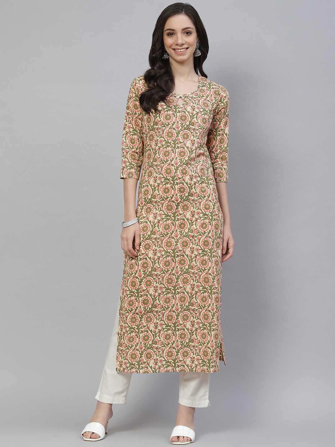 

mokshi Floral Printed Pure Cotton Kurta, Beige