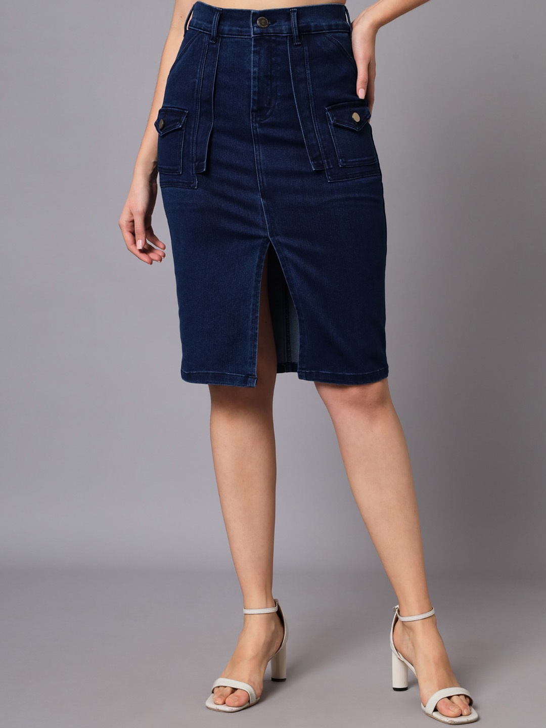 

The Dry State Knee Length Pure Cotton Denim Skirts, Blue
