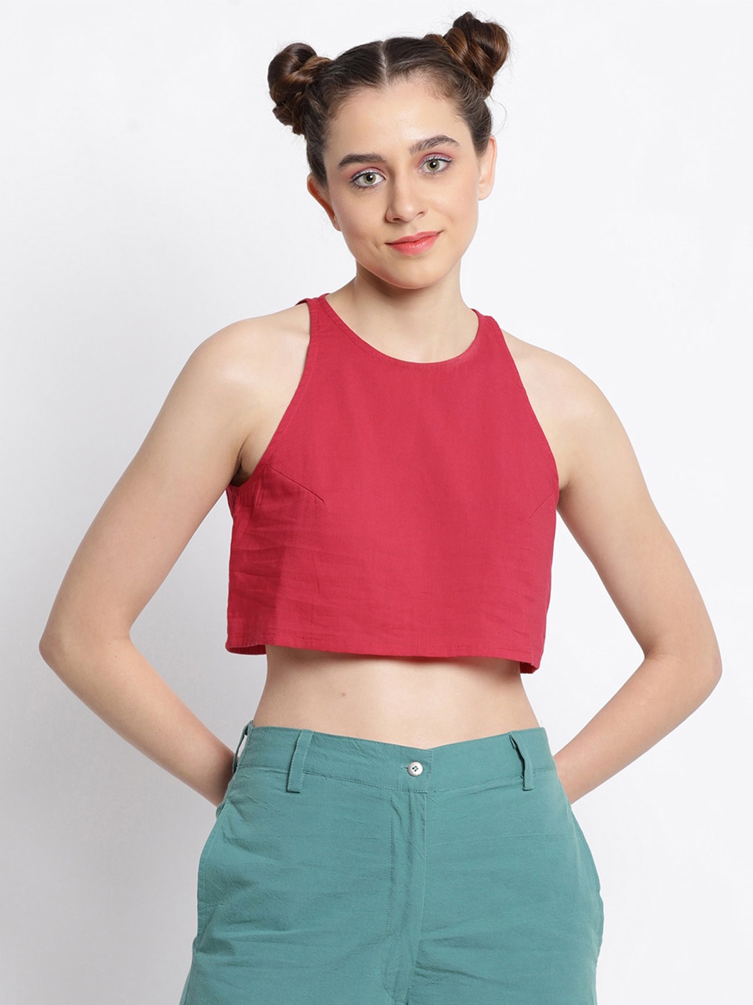 

GRASS by Gitika Goyal Back Slit Crop Cotton Top, Red