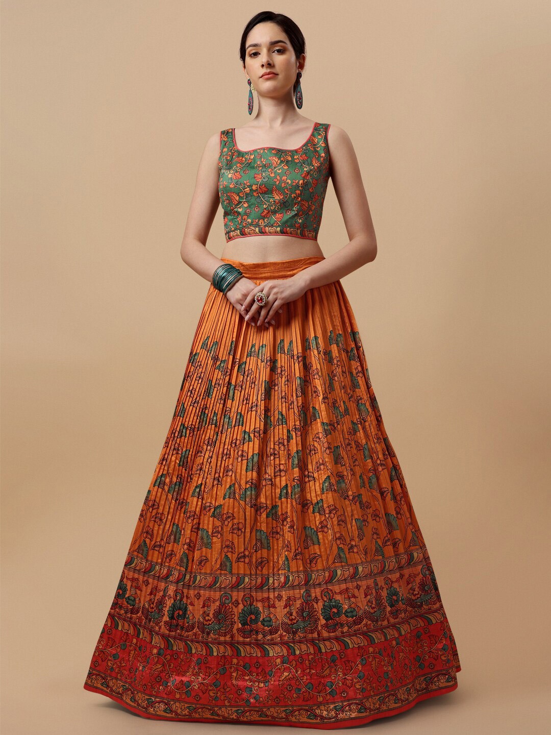 

SAPTRANGI Printed Kalamkari Ready to Wear Lehenga & Blouse With Dupatta, Yellow