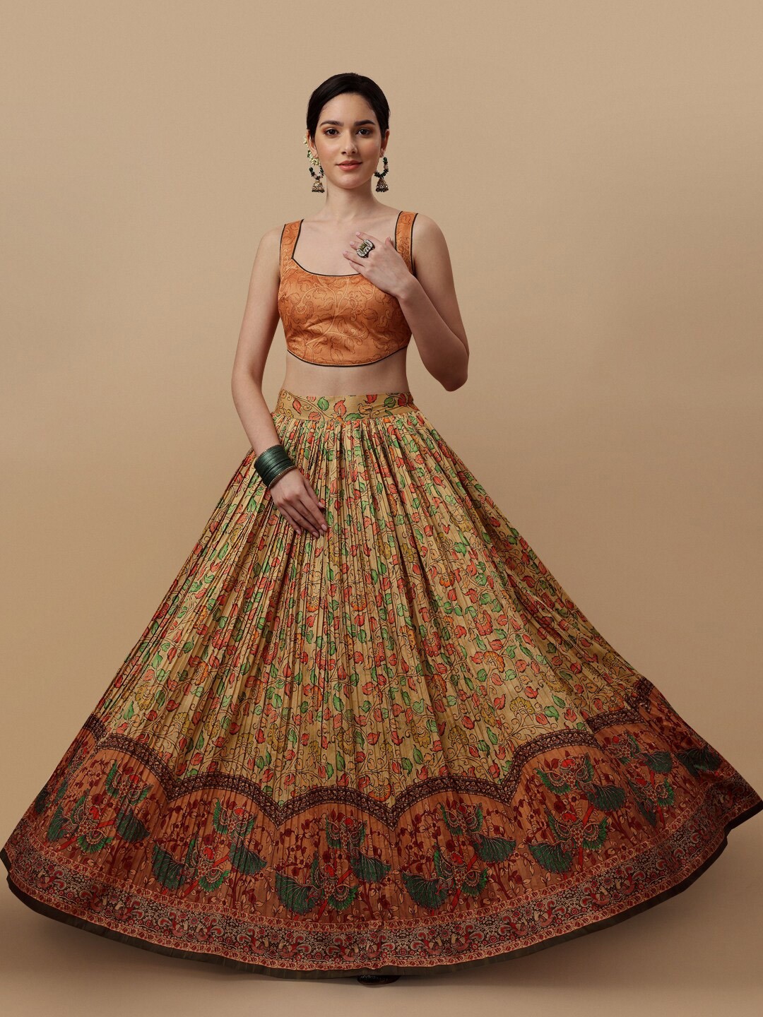 

SAPTRANGI Printed Kalamkari Ready to Wear Lehenga & Blouse With Dupatta, Beige