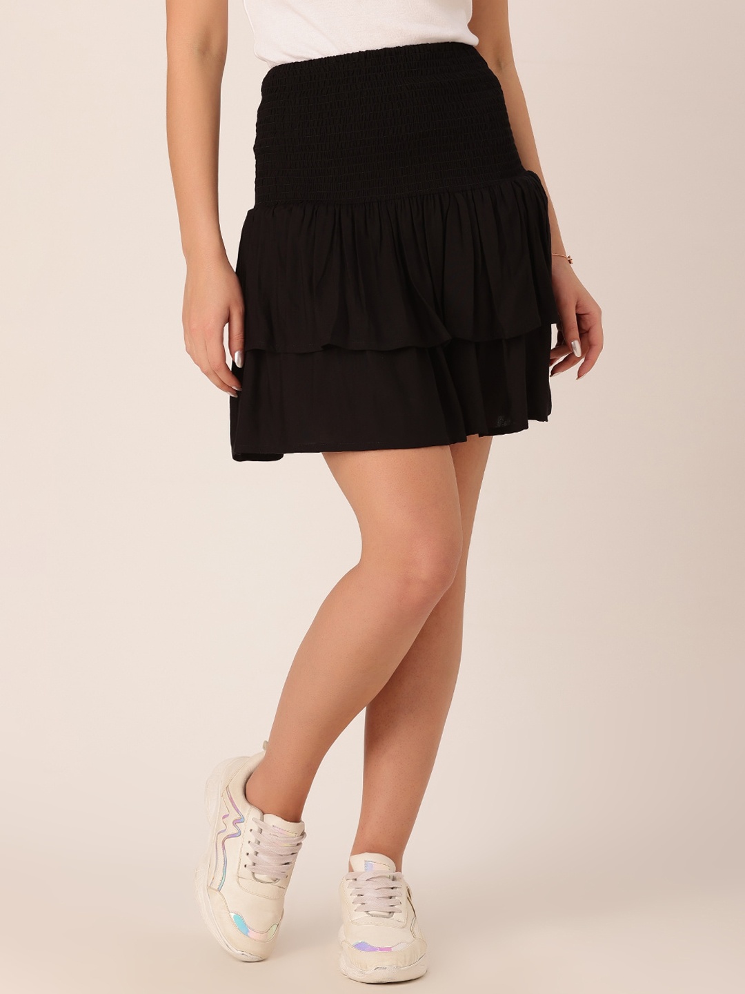 

DressBerry Smocked Ruffled Mini Flared Skirt, Black