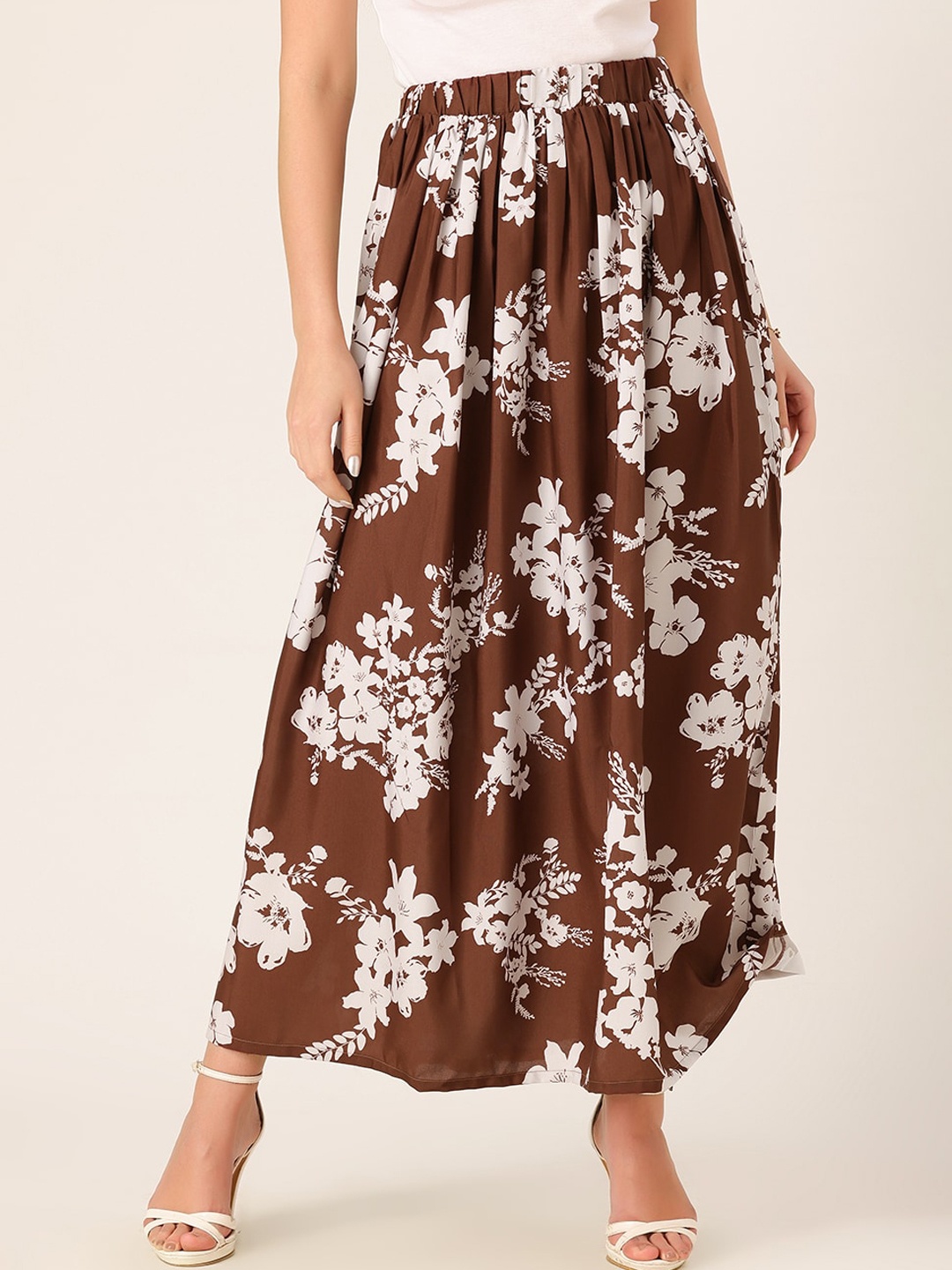 

DressBerry Brown Floral Printed Flared Maxi Skirt