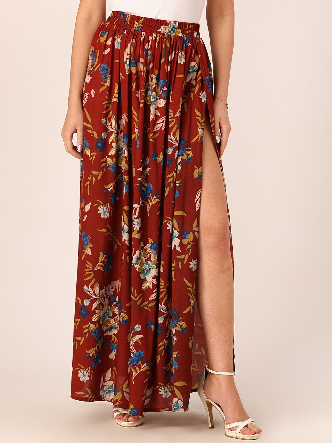 

DressBerry Floral Printed Side Slit Flared Long Skirt, Maroon