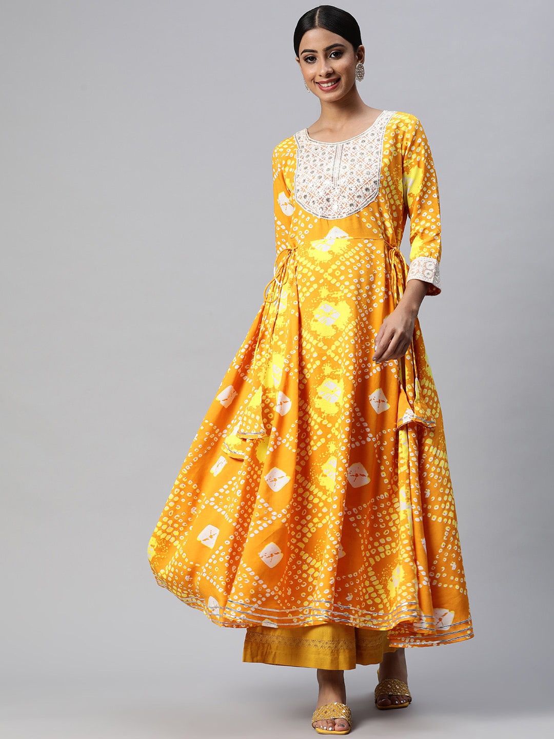 

mokshi Bandhani Dyed Thread Work Anarkali Kurta, Mustard