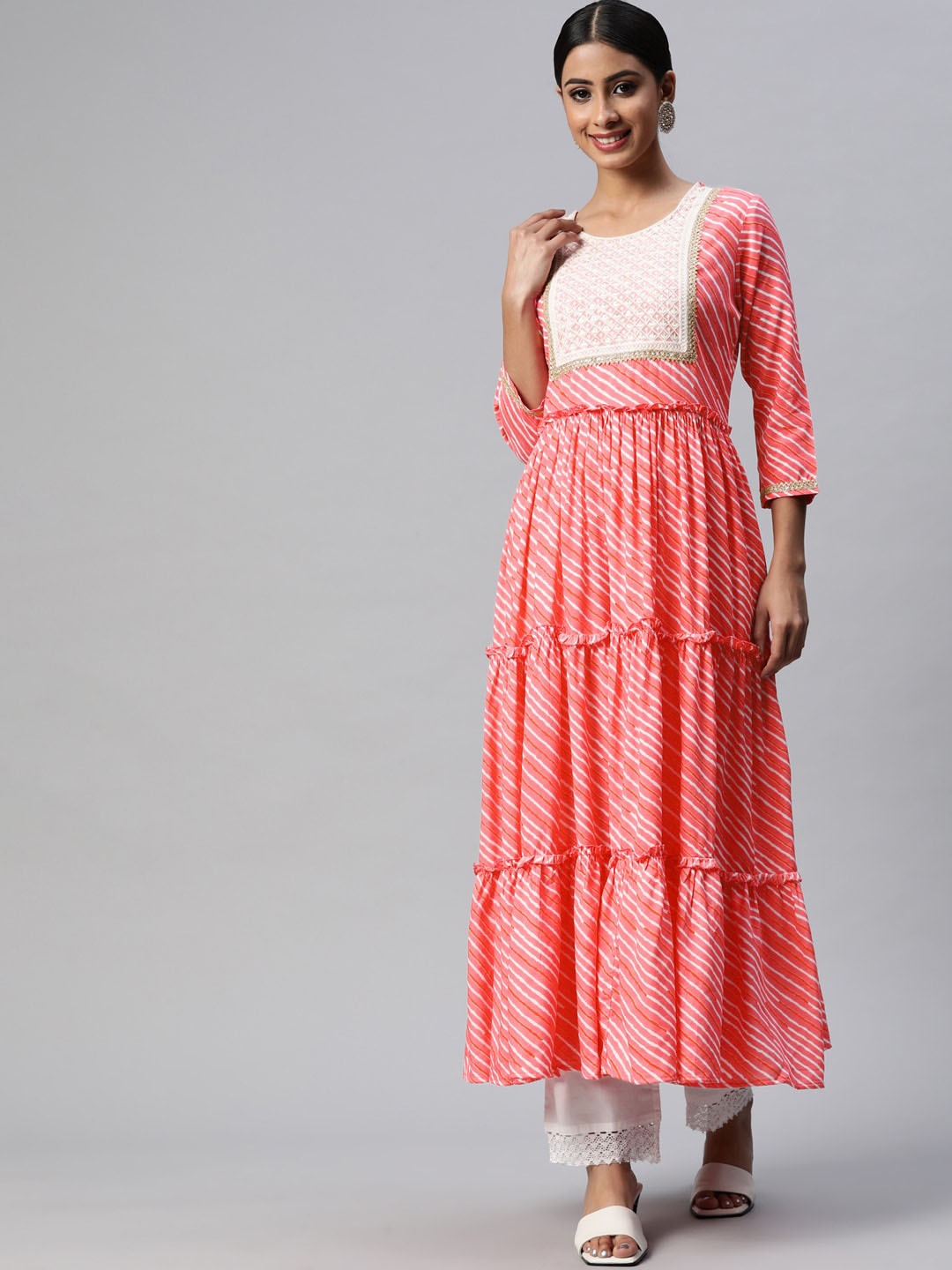 

mokshi Leheriya Printed Gotta Patti Work Tiered Anarkali Kurta, Pink