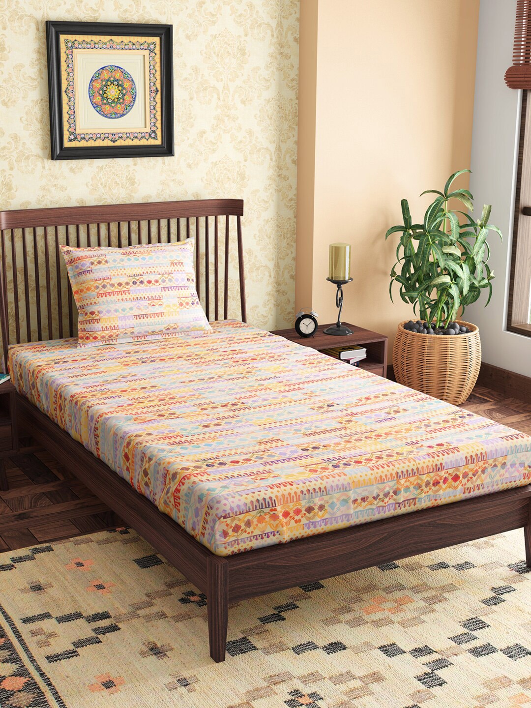 

PETAL HOME Jharokha Yellow & Purple 300 TC Flat Cotton Single Bedsheet & 1 Pillow Cover
