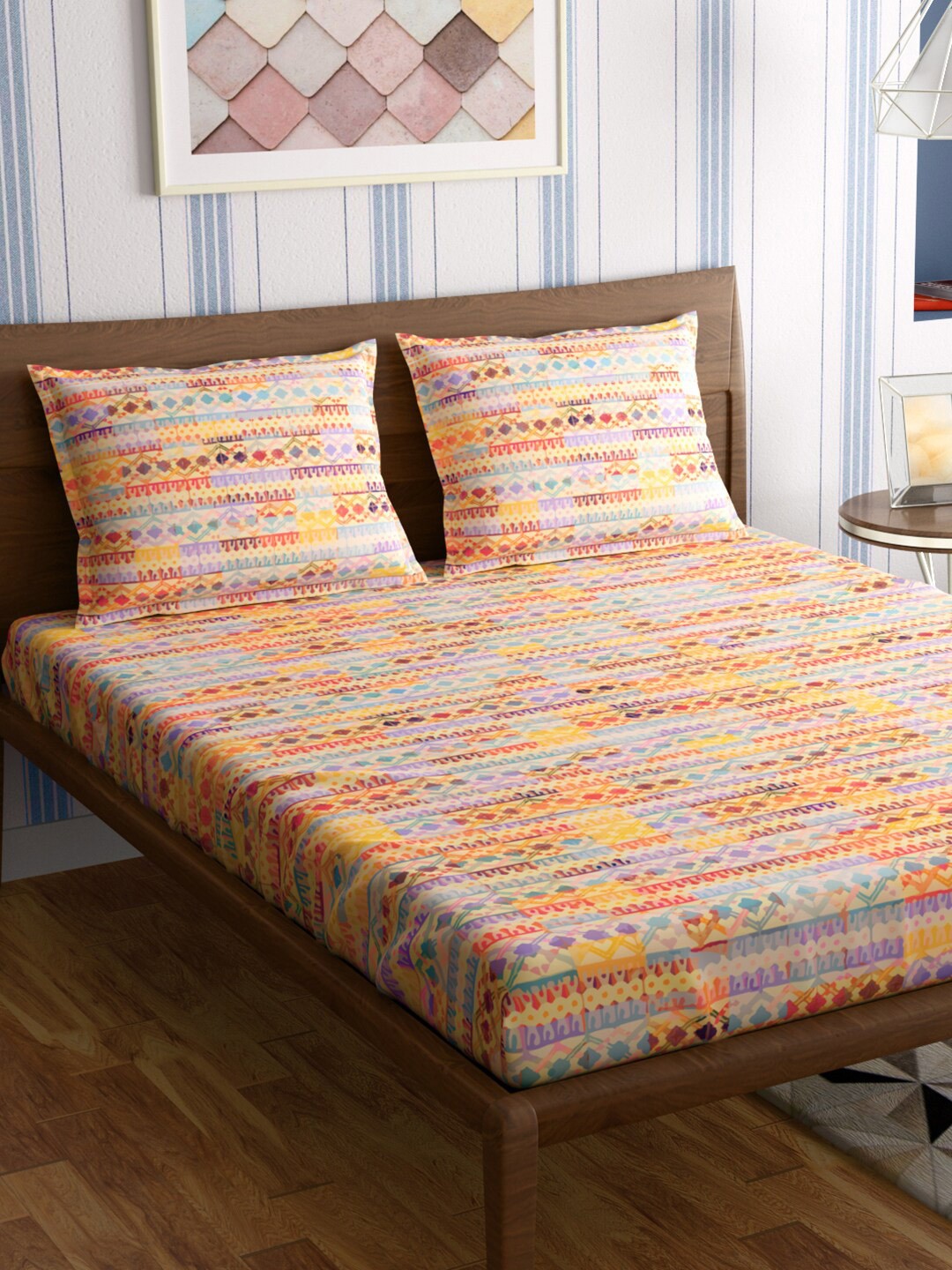 

PETAL HOME Jharokha Yellow & Purple 300 TC Flat Cotton Queen Bedsheet with 2 Pillow Covers