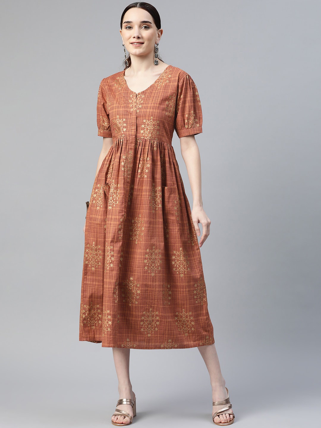 

mokshi Puff Sleeves Ethnic Motifs A-Line Midi Cotton Dress, Brown
