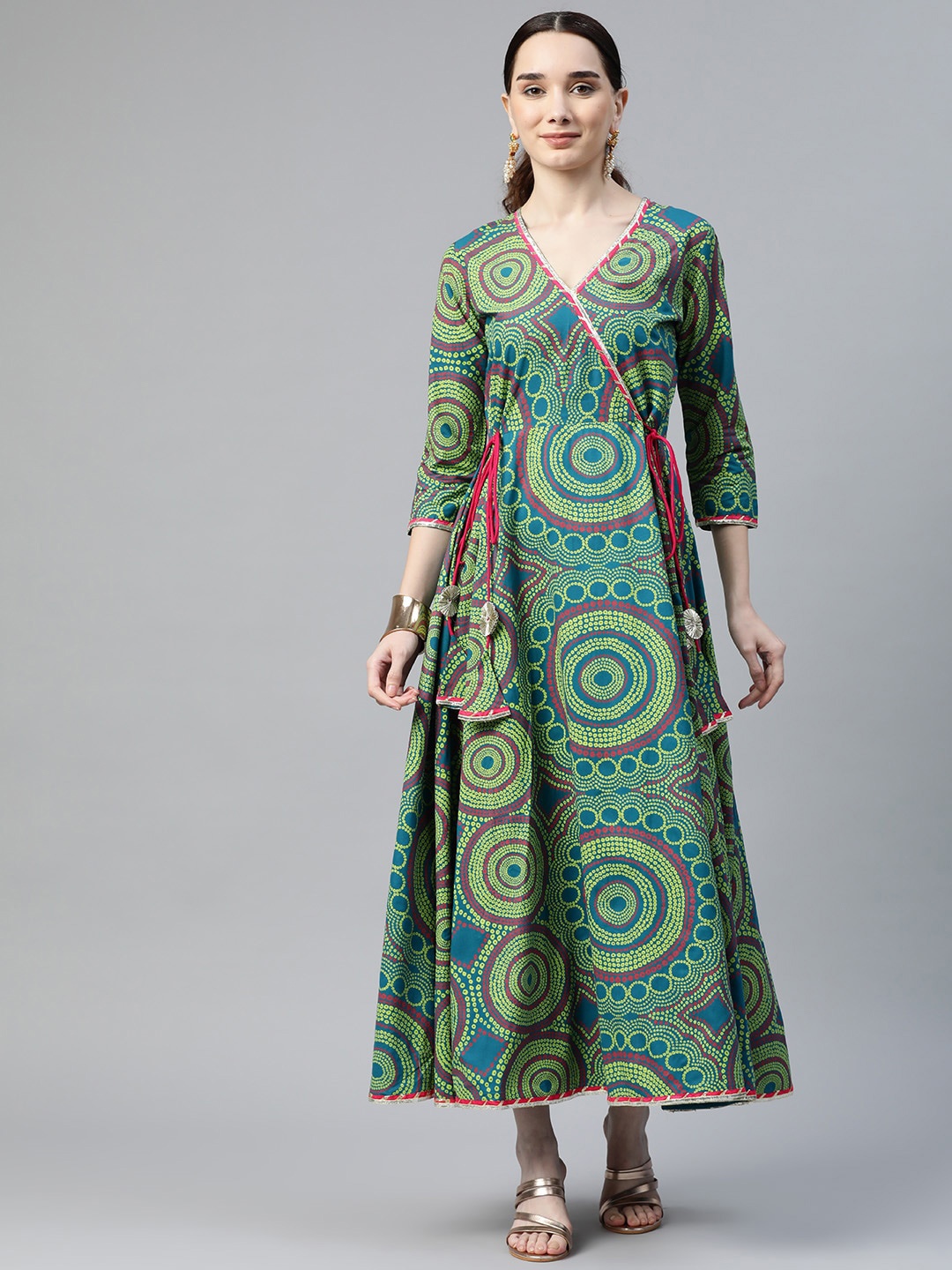 

mokshi Printed V Neck A-Line Maxi Ethnic Dress, Green