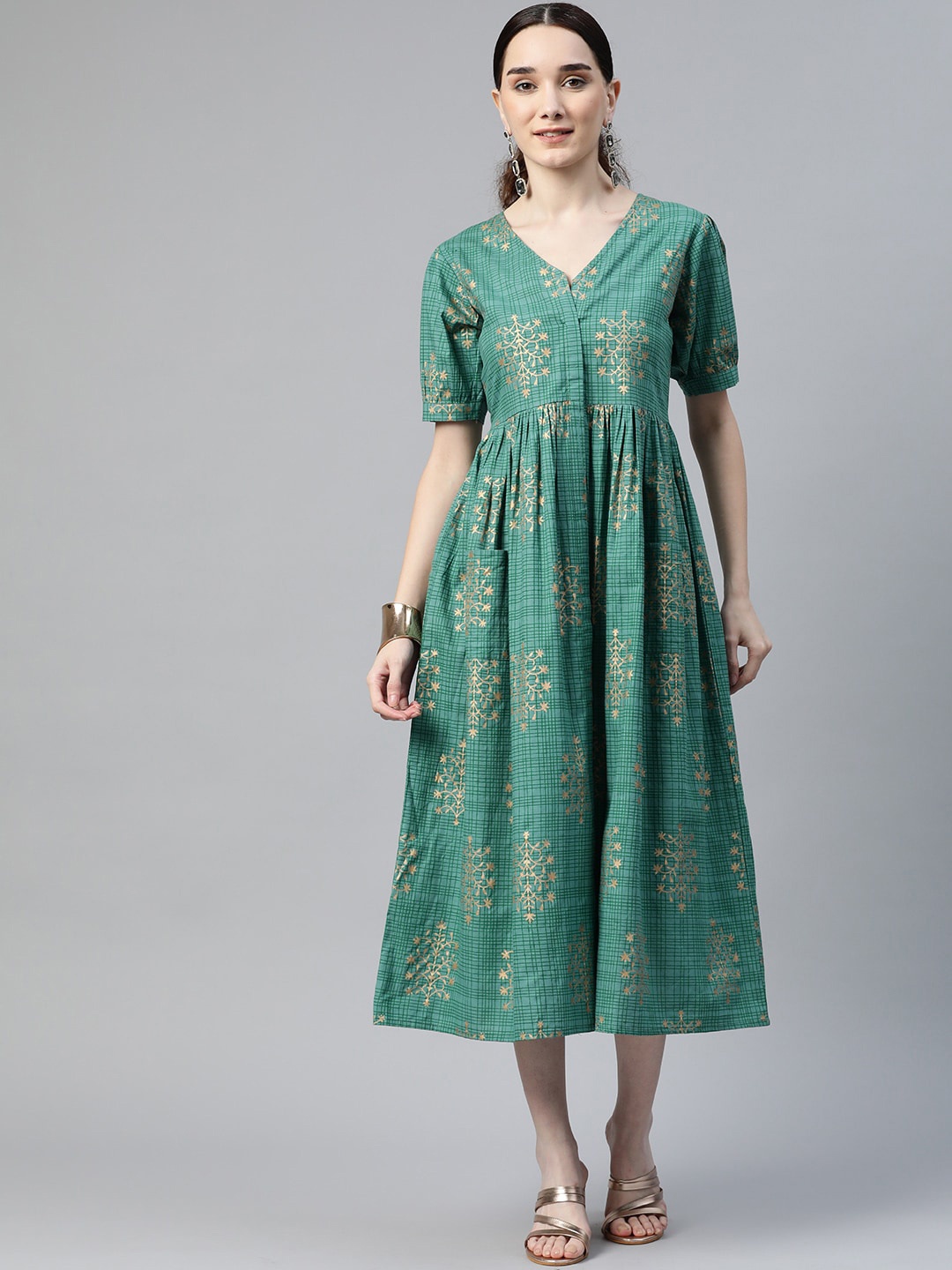 

mokshi Printed Puff Sleeves A-Line Pure Cotton Midi Ethnic Dress, Green