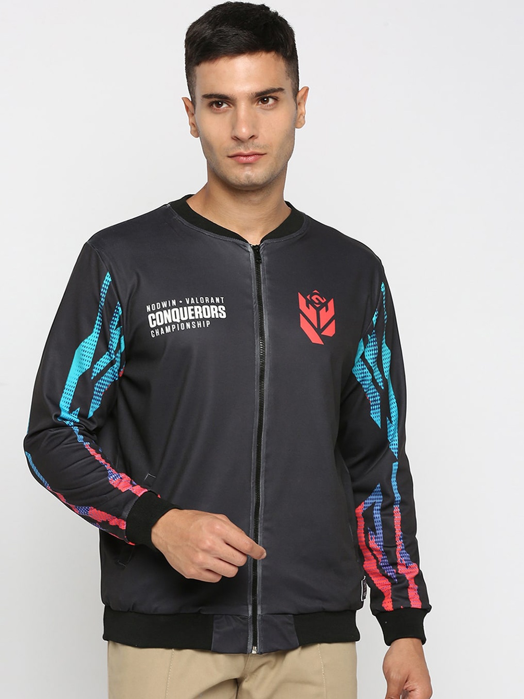 

GullyActive Men Graphic Printed Henley Collar Lightweight Outdoor Dry-Fit Bomber Jacket, Black