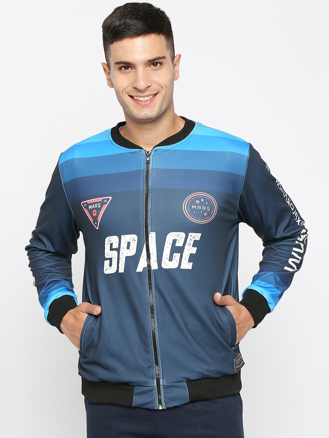 

GullyActive Men Printed Lightweight Dry Fit Bomber Jacket, Blue