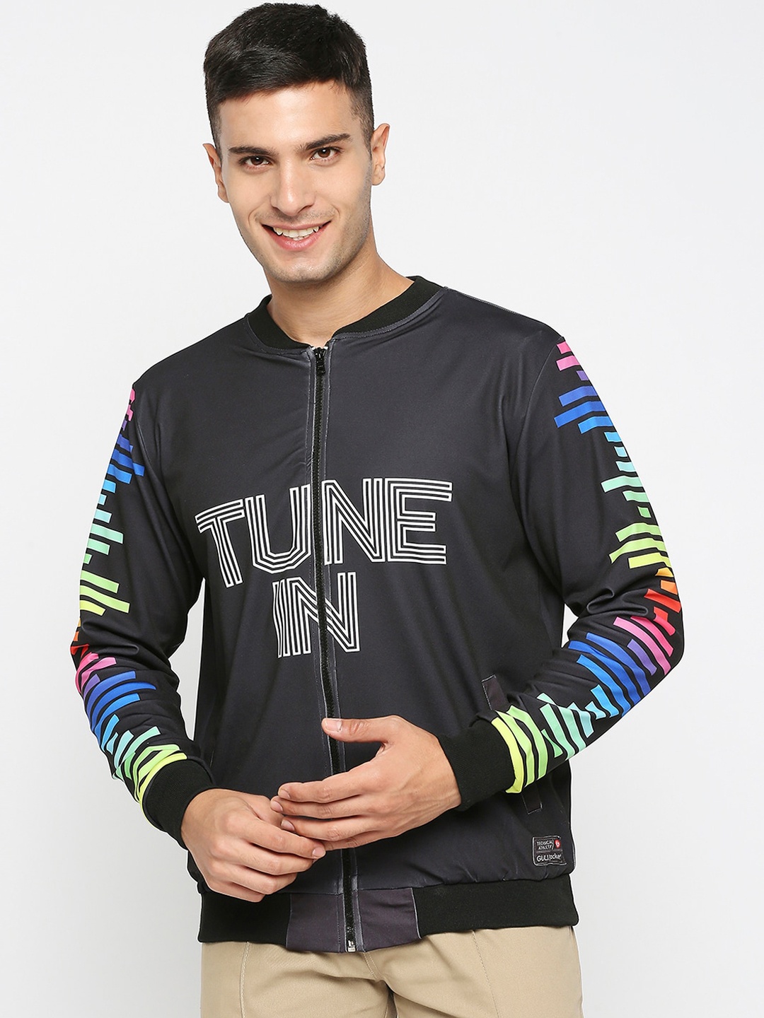 

GullyActive Men Printed Lightweight Dry Fit Bomber Jacket, Black