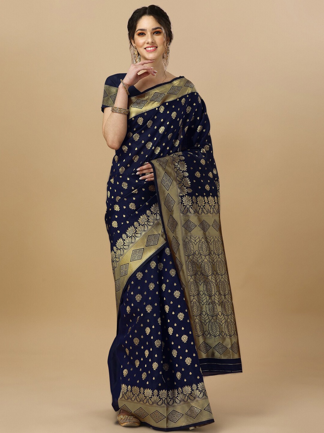 

TIEXA Ethnic Motifs Woven Design Zari Pure Silk Banarasi Saree, Navy blue