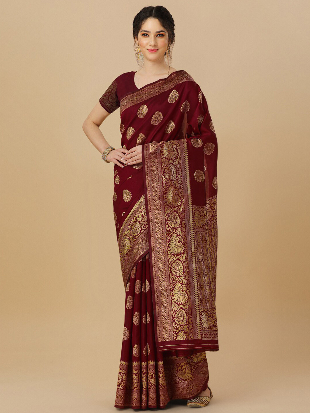 

TIEXA Ethnic Motifs Woven Design Zari Pure Silk Banarasi Saree, Maroon
