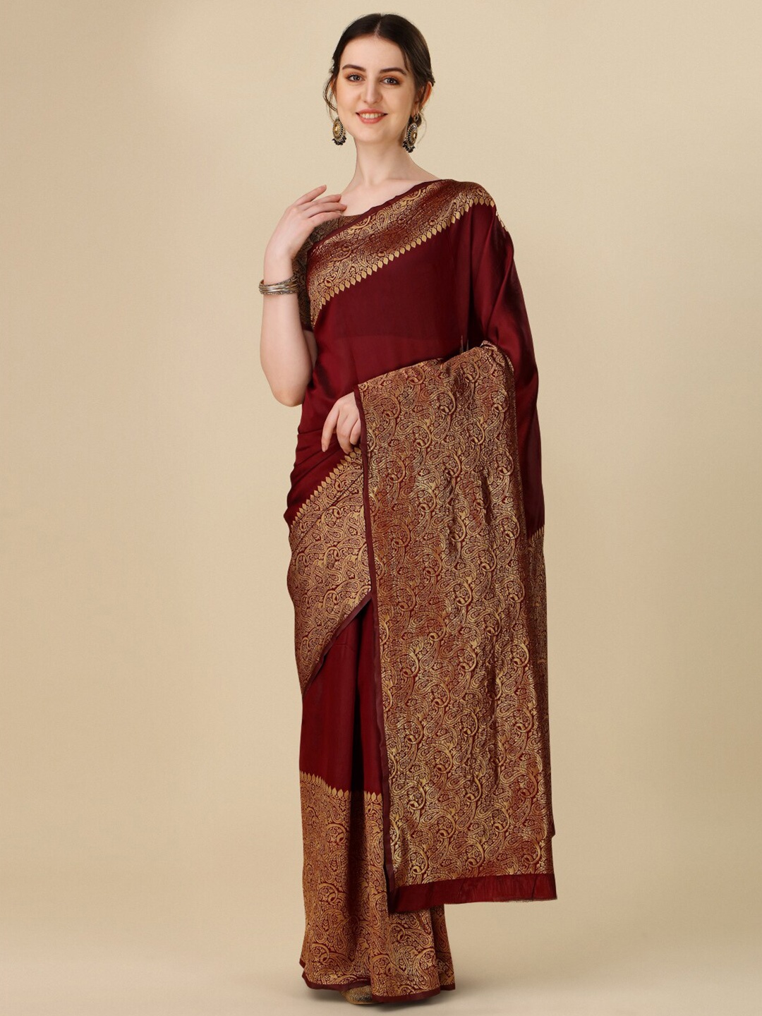 

TIEXA Paisley Motif Zari Bordered Pure Silk Banarasi Saree, Brown