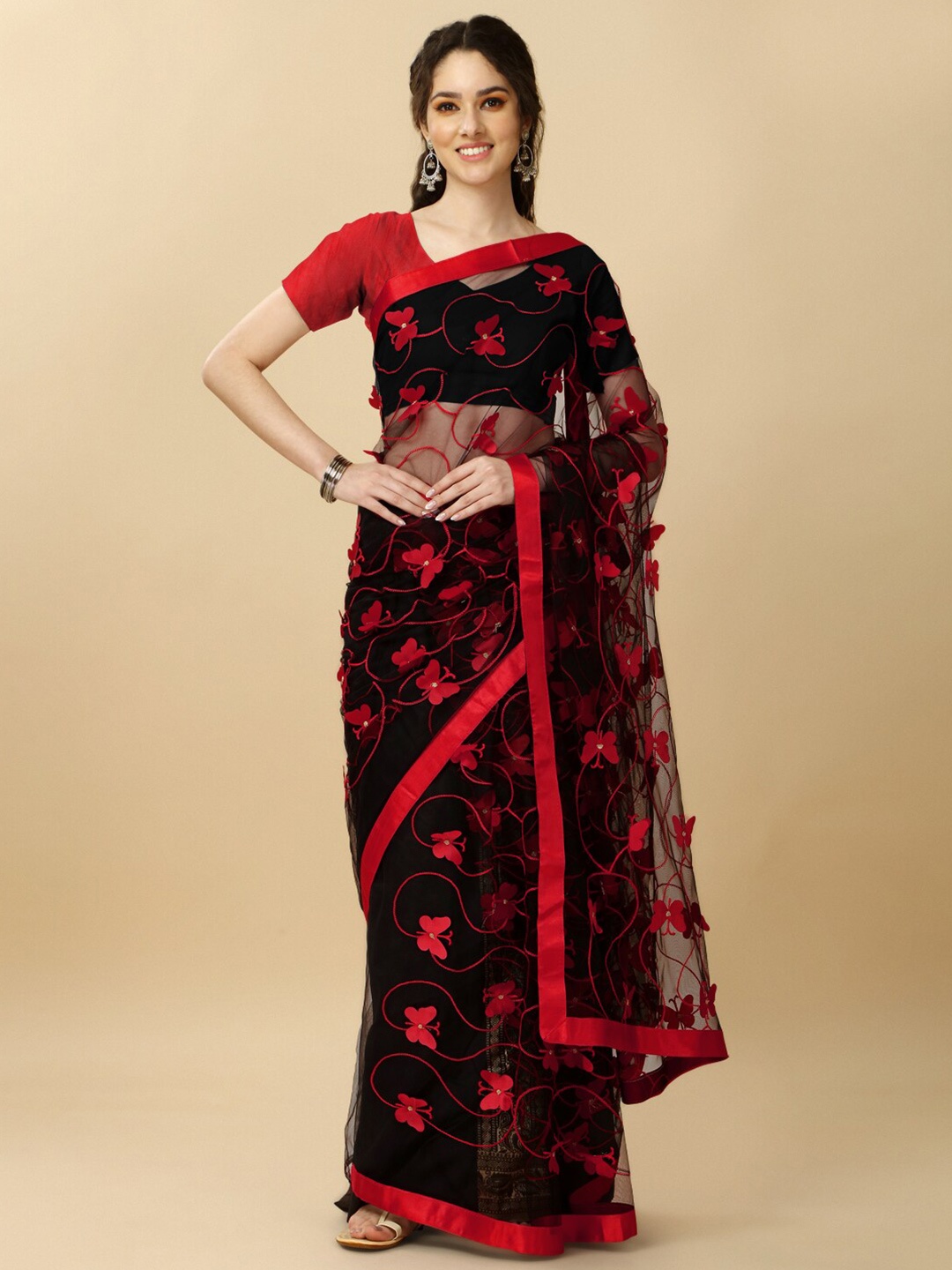 

TIEXA Embellished Embroidered Applique Banarasi Saree, Black