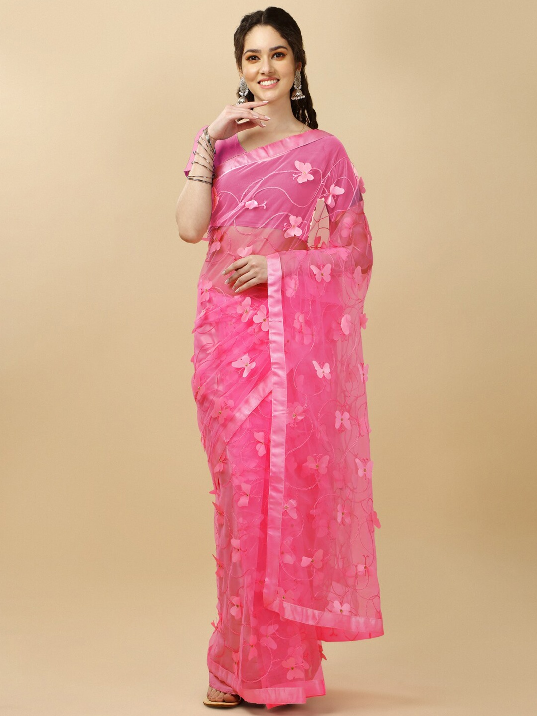 

TIEXA Butterfly Applique Embroidered Saree, Pink