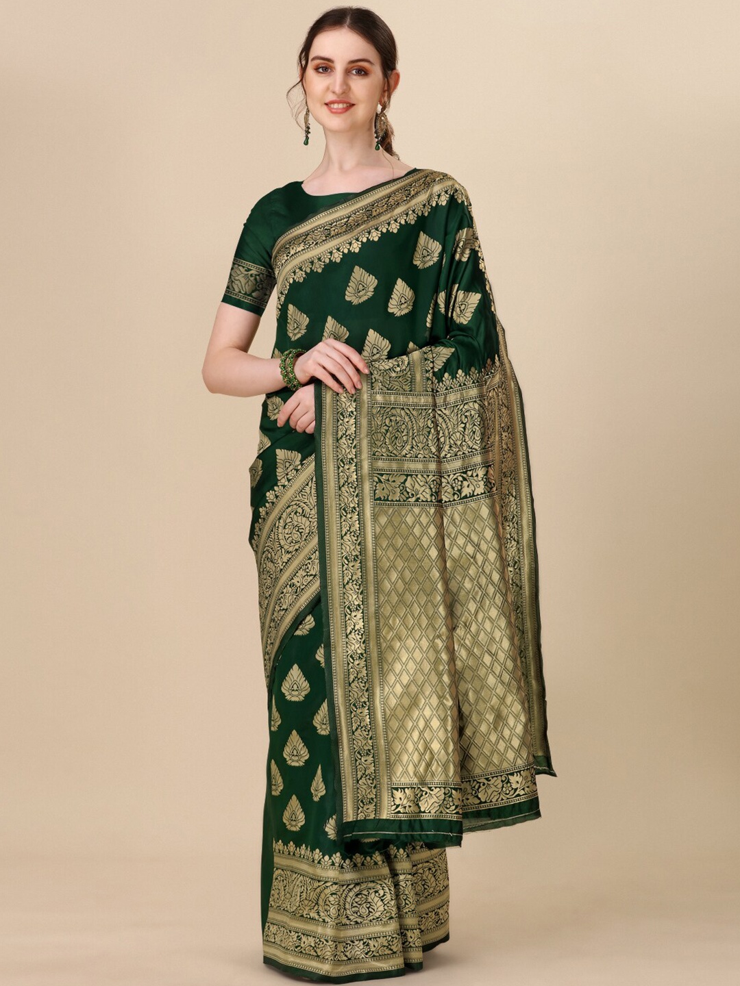 

TIEXA Ethnic Motif Zari Pure Silk Banarasi Saree, Green