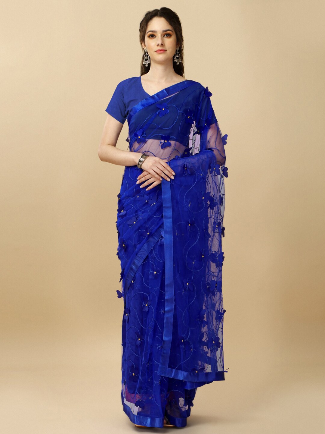 

TIEXA Floral Embellished Embroidered Pure Silk Saree, Blue
