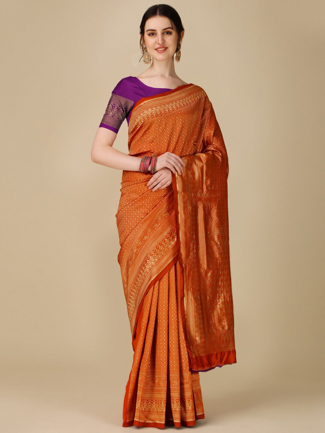 

TIEXA Woven Design Zari Pure Silk Banarasi Saree, Orange
