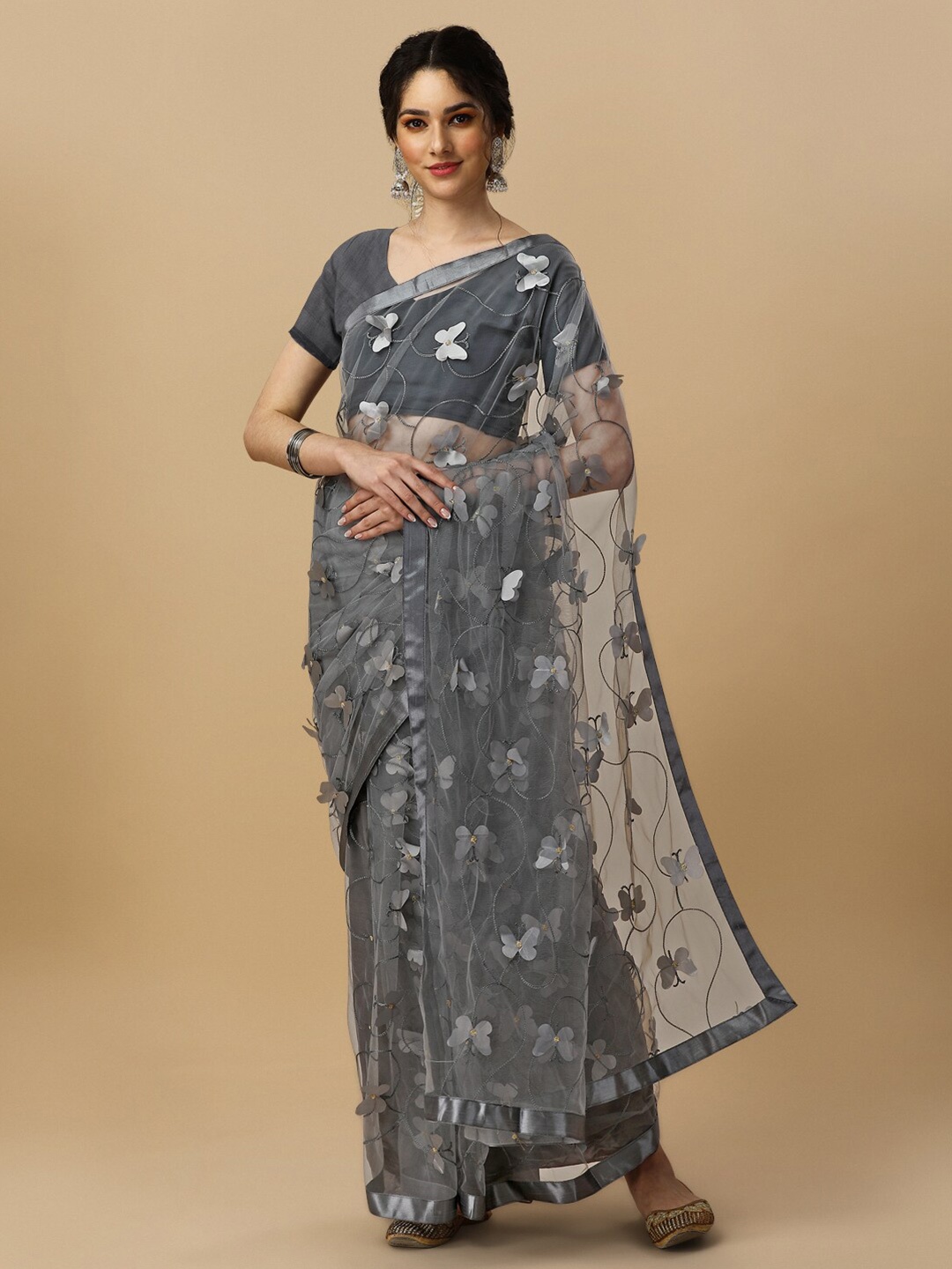 

TIEXA Embellished Pure Silk Banarasi Saree, Grey