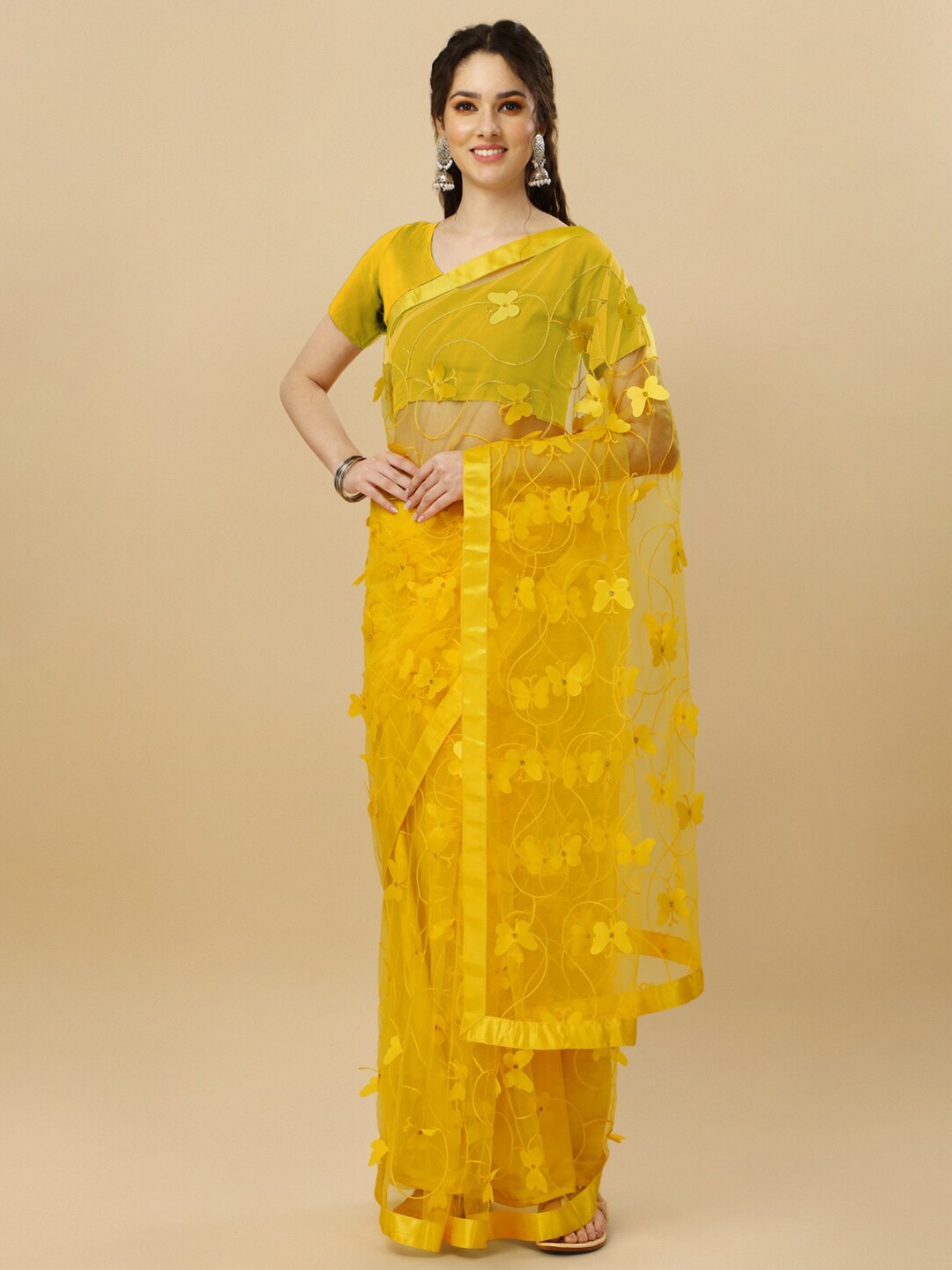 

TIEXA Embroidered Pure Silk Saree, Yellow