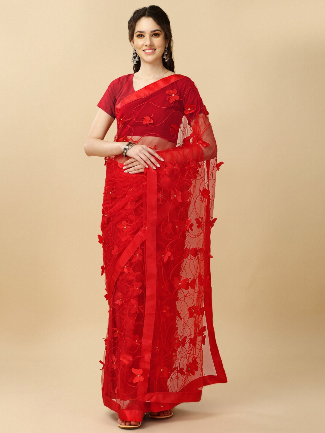 

TIEXA Embellished Embroidered Applique Banarasi Saree, Red