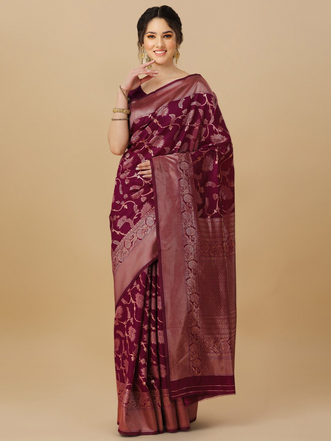 

TIEXA Floral Woven Design Zari Pure Silk Banarasi Saree, Burgundy