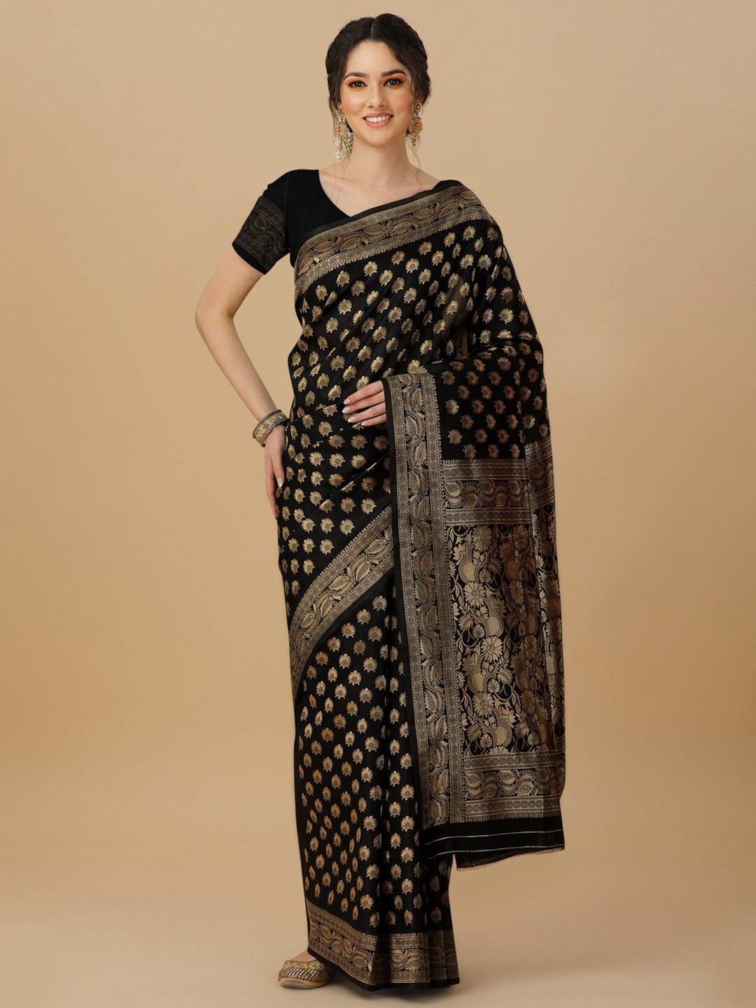 

TIEXA Floral Woven Design Zari Pure Silk Banarasi Saree, Black