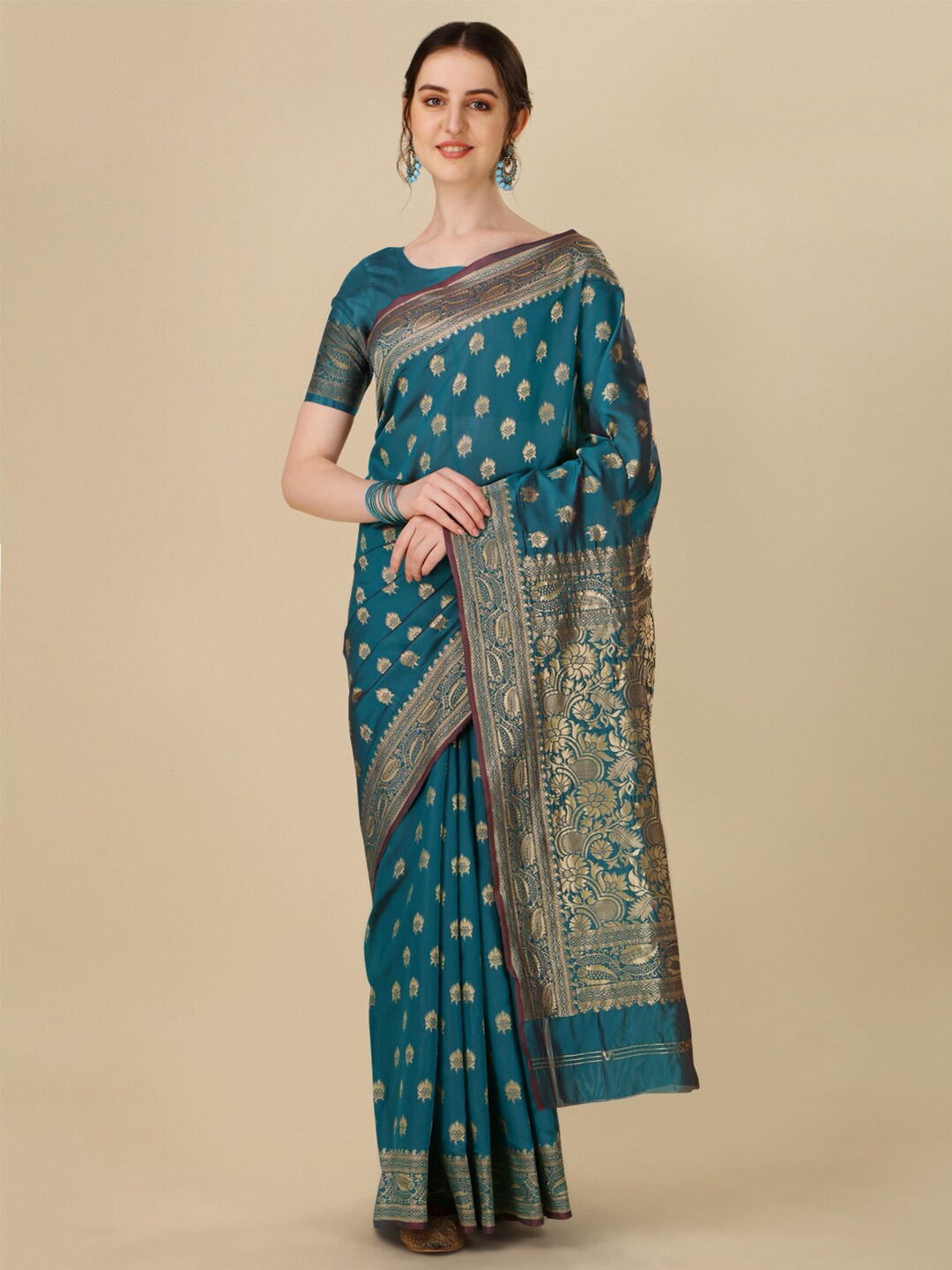 

TIEXA Blue & Gold-Toned Woven Design Zari Pure Silk Banarasi Saree