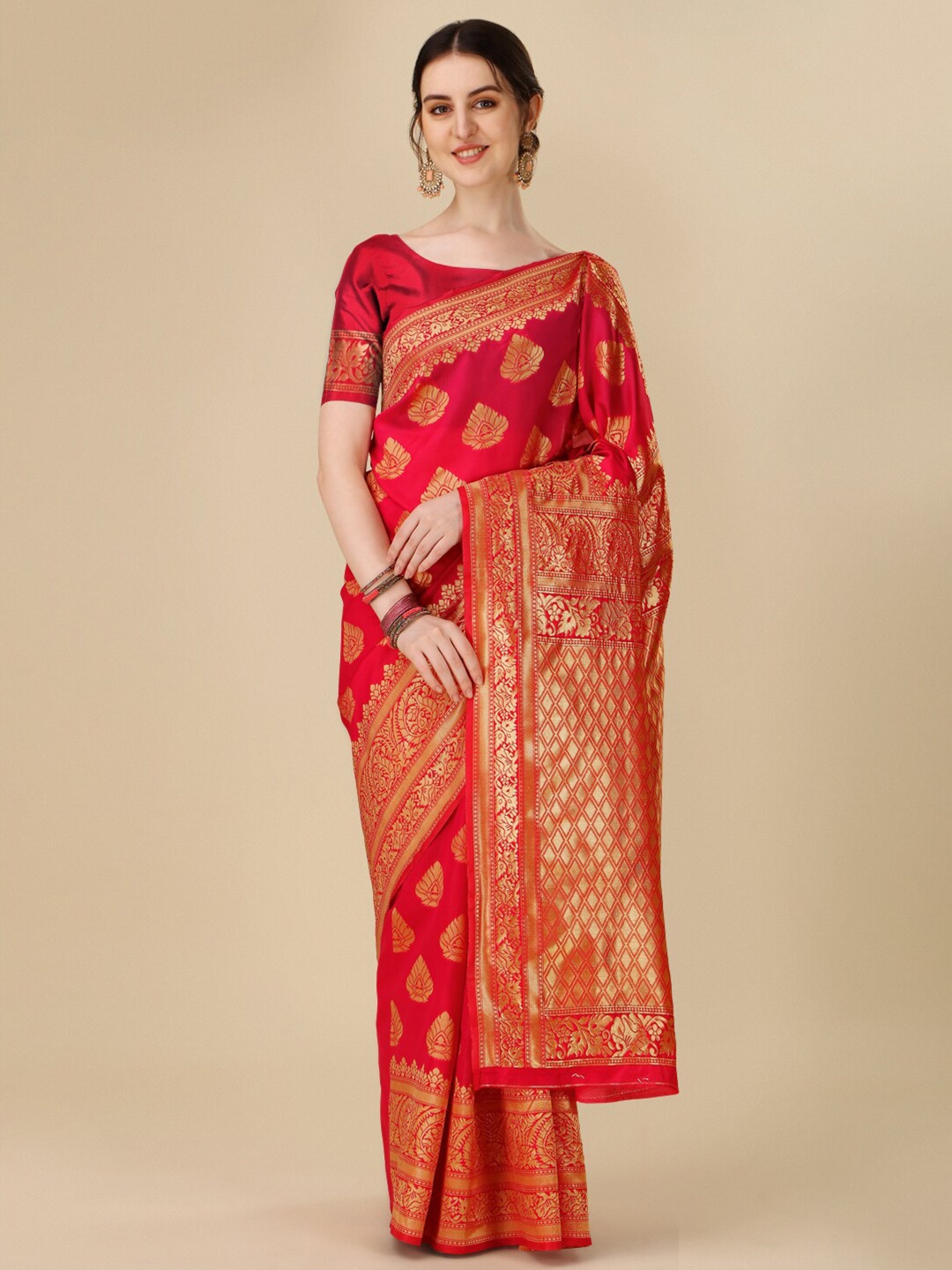 

TIEXA Ethnic Motifs Woven Design Zari Pure Silk Banarasi Saree, Red