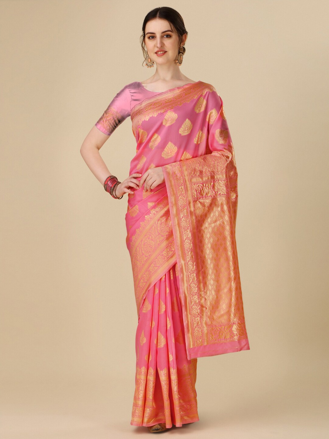 

TIEXA Ethnic Motif Woven Design Zari Pure Silk Banarasi Saree, Pink