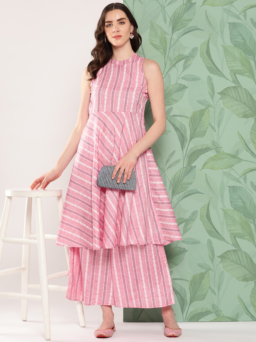 

InWeave Striped Kantha Work Kurta with Palazzos, Pink