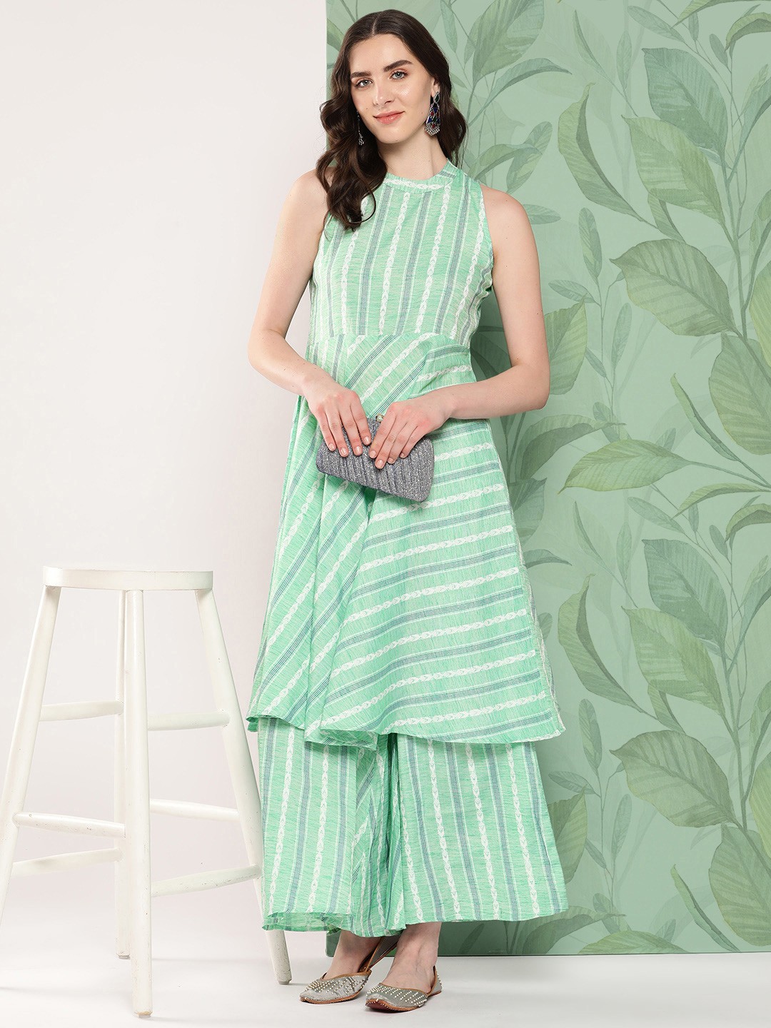 

InWeave Striped Kantha Work Kurta with Palazzos, Green