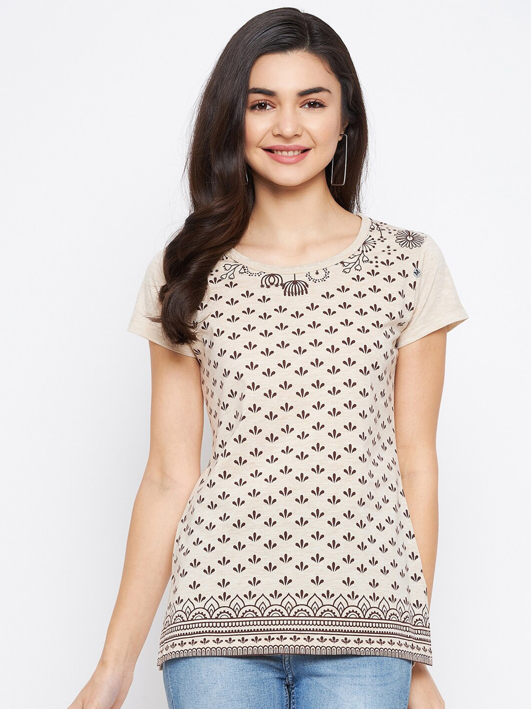 

NEVA Round Neck Floral Printed T-shirt, Cream