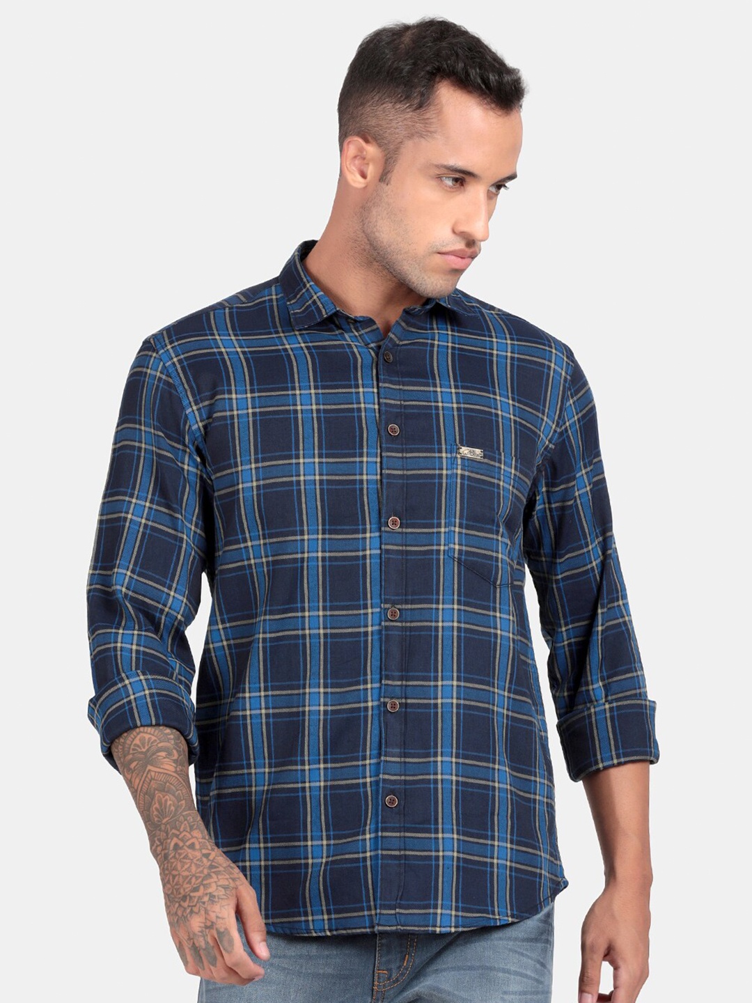

RUG WOODS Comfort Tartan Checks Cotton Casual Shirt, Blue